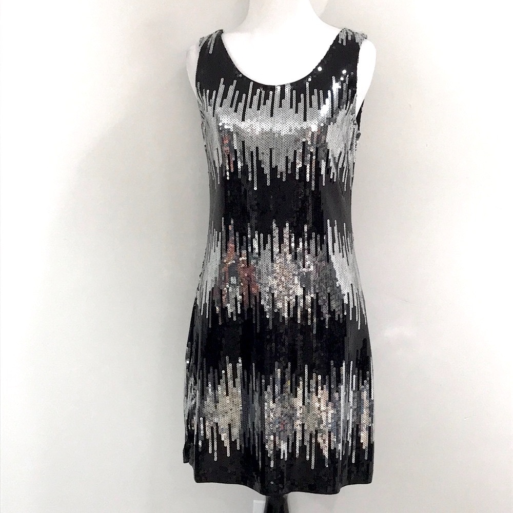 Pink Collection Black & Silver Sleeveless Stretch Sequin Mini Dress Size Small